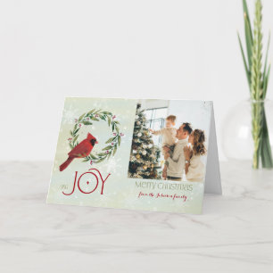 Cartão Cardeal de Foto Personalizado de Natal em Wreath