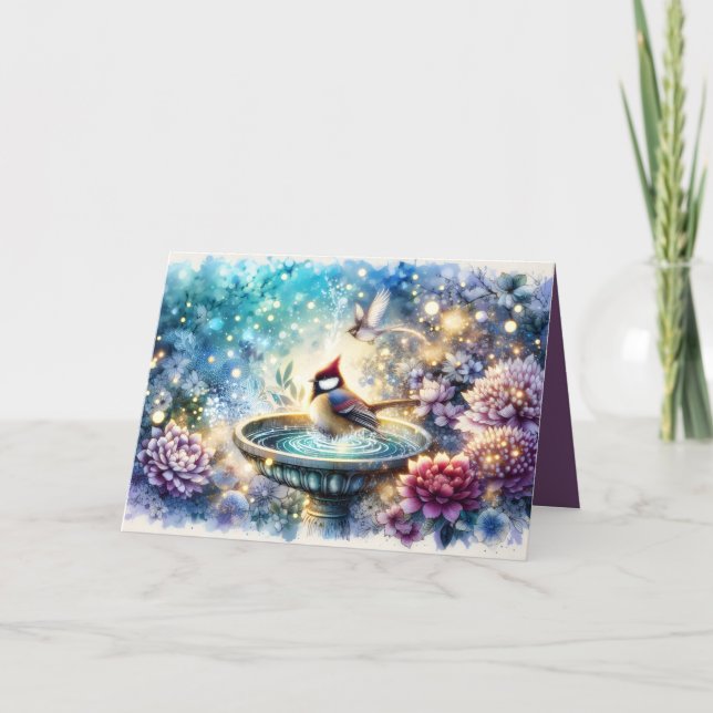 Cartão Cardinal at Birdbath Dreamy Garden Ar (Frente)