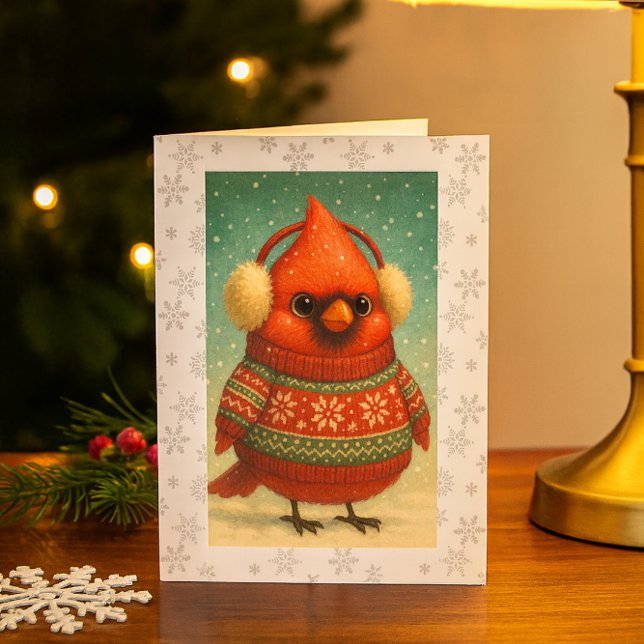 Cartão Cardinal Caprichoso de Protetores de Ouvido Natal  (Whimsical cardinal holiday card festive, cozy, and perfect for winter greetings or gifts.)