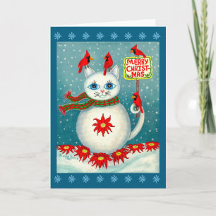 Cartão Cardinal de Natal Snowcat Pássaro Boneco de Neve P