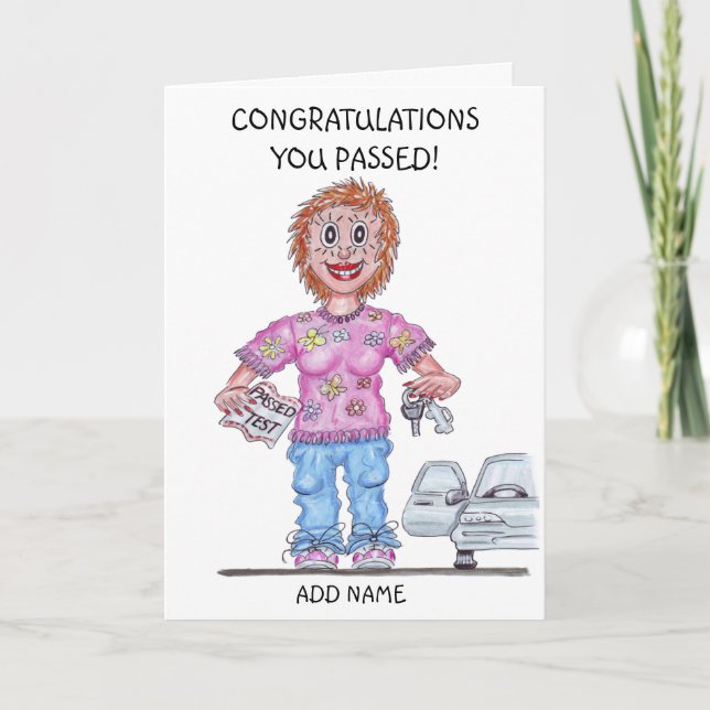 Cartão Caricatura de Mulher que Acaba de Passar no Teste  (Frente)