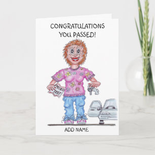 Cartão Caricatura de Mulher que Acabou de Passar no Teste