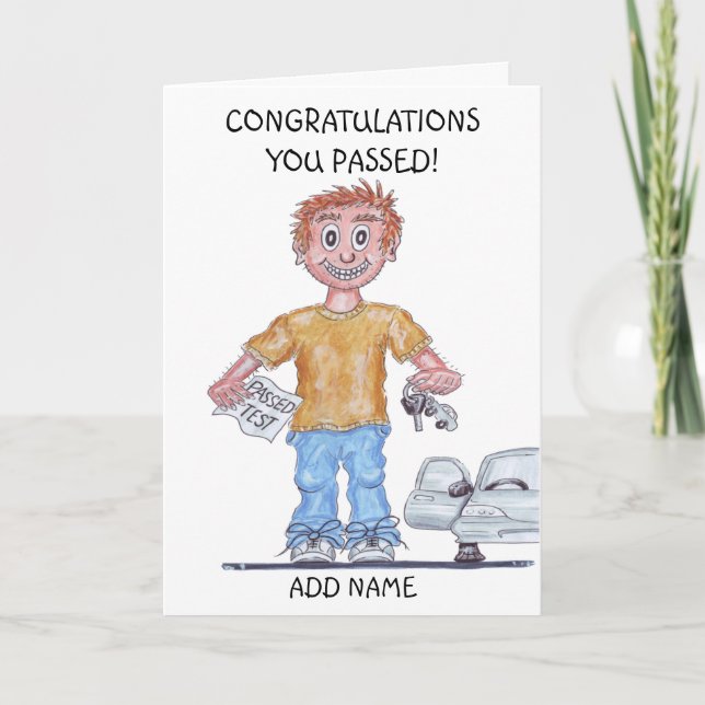 Cartão Caricatura de um homem feliz acabou de passar no t (Frente)