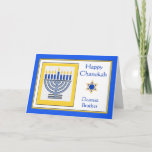 Cartão Caro Irmão Chanukah Contemporâneo Menorah<br><div class="desc">Feliz Irmão Caro Chanukah,  menorah contemporânea com velas azuis,  cartão de saudação em papel. Ilustração digital com um menorah aceso e uma Estrela de David. Arte,  imagem e direitos de autor versos © Shoaff Ballanger Studios,  2024.</div>