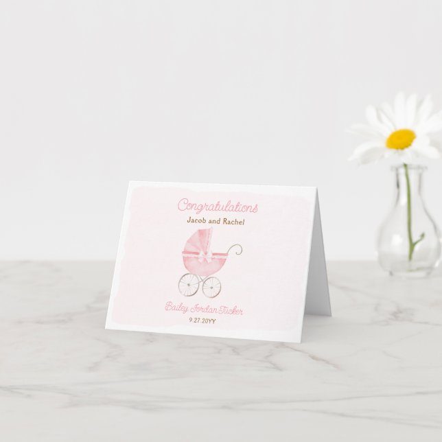 Cartão Carrinho de Bebê Rosa Nova Bebê Menina Parabéns (Planta pequena)