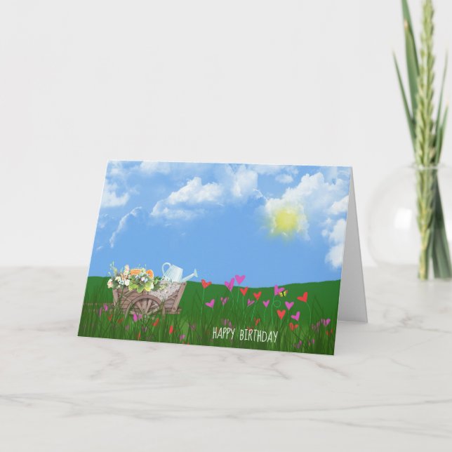 Cartão carrinho velho com flores de aniversário (Frente)
