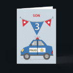Cartão Carro da Polícia Azul de Son aniversário de 3 anos<br><div class="desc">Bandeiras vermelhas e azuis penduradas na frente deste cartão. O cartão azul tem o número três inscrito. Esta é a carta que você precisa para surpreender seu lindo filho na celebração da aniversário de 3 anos dele. Mande-lhe uma saudação de aniversário divertida com isto.</div>