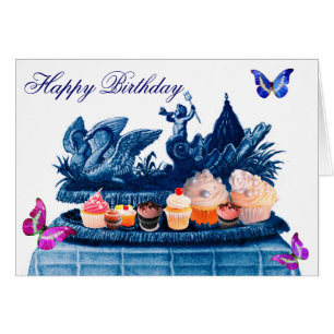 CARTÃO CARRO DE CISNES AZUIS E CUPCAKES FELIZ ANIVERSÁRIO