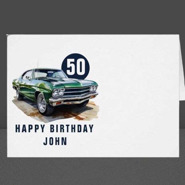 Cartão Carro de músculo americano clássico de aniversário (This vibrant birthday green muscle car illustration invites your creativity to shine)