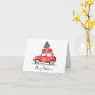 Cartão Carro de Natal vermelho com presentes, árvore em c
