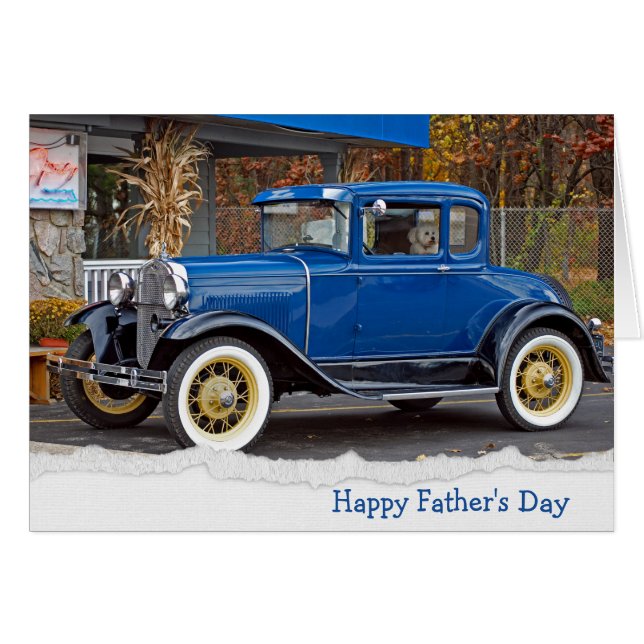 Cartão Carro dia de os pais Velho com Cão Bichon Frise (Frente Horizontal)