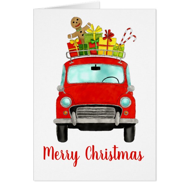 Cartão Carro Retro Vermelho com presentes de Natal (Frente)