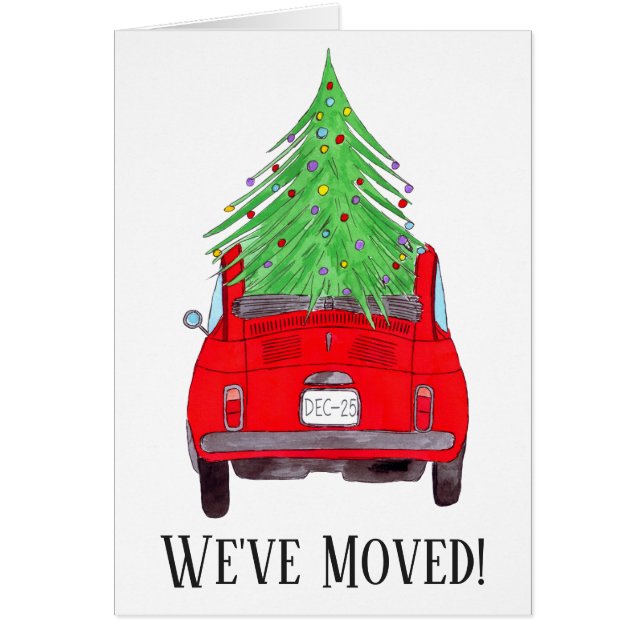 Cartão Carro Vermelho de Novo Endereço com Árvore de Nata (Frente)