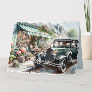 Cartão Carro vintage e Flor Encantador Compra Aquarela