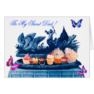 CARTÃO CARROÇA AZUL DE CISNES E CUPCAKES DIA DOS PAIS