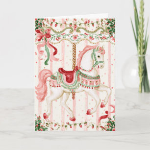 Cartão Carrossel de Cavalos Verde Rosa Natal