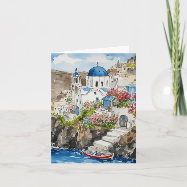Cartão Carta de Aquarela da Grécia Santorini (Frente)