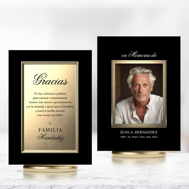 Cartão Carta SPANISH para funeral | FOTO Dourada Obrigado (Carta para funerale - GRACIAS. Oro et negro. Recordatorios de difuntos, en MEMORIA de.)