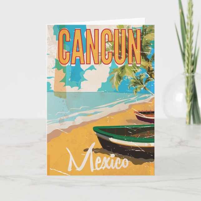 Cartão Cartaz de viagem retrô da praia de Cancun México (Frente)