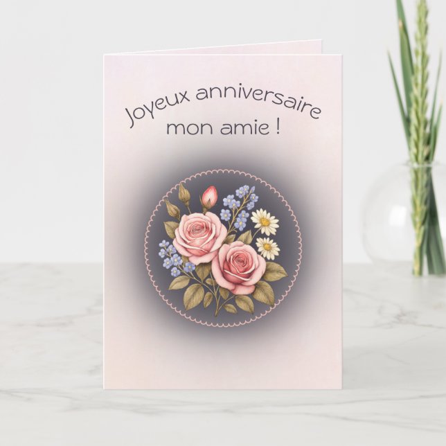 Cartão Carte d'anniversaire pliée, rose et myosotis  (Frente)
