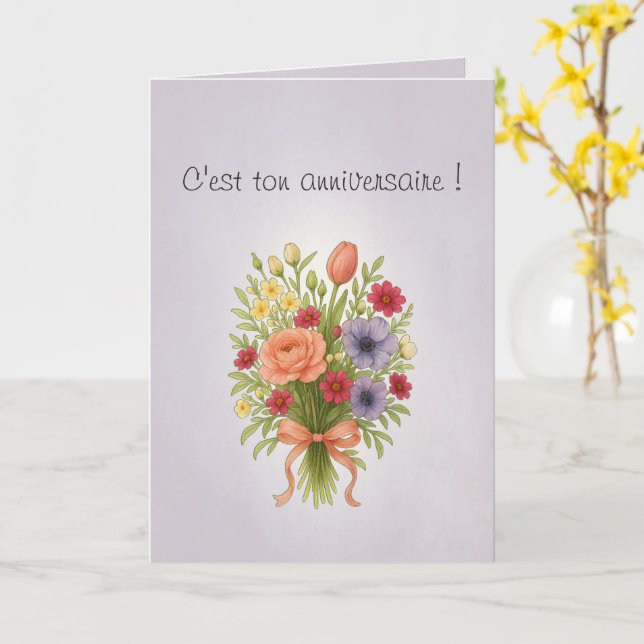 Cartão Carte voeux pliée, couleur lilas et rêves (Flor Amarela)