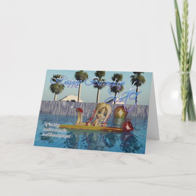 Cartão Carteira de aniversário da irmã, piscina de torta  (Frente)