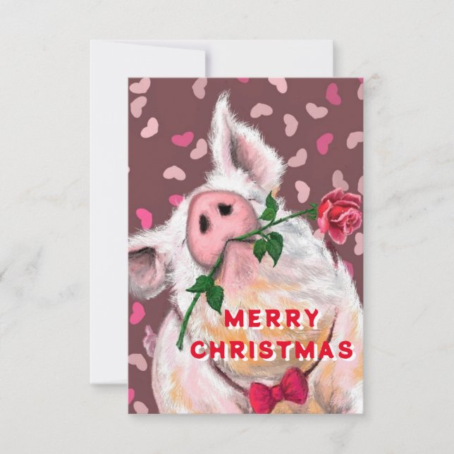 Cartão Carteira de Natal Engraçada, Porco com Rosa (Frente)