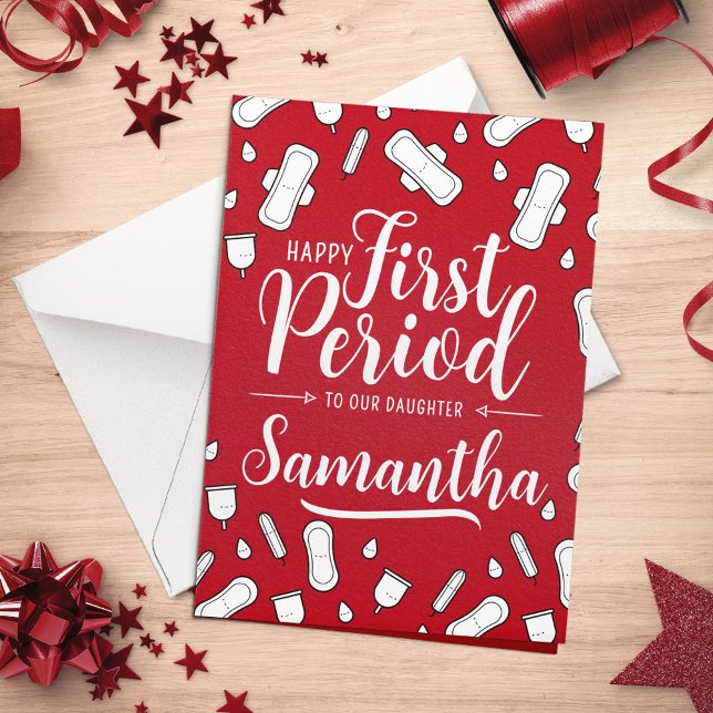 Cartão Cartografia Pads Red Script Teen Girl Primeiro Per (Cartoon Pads Red Script Teen Girl First Period Card)