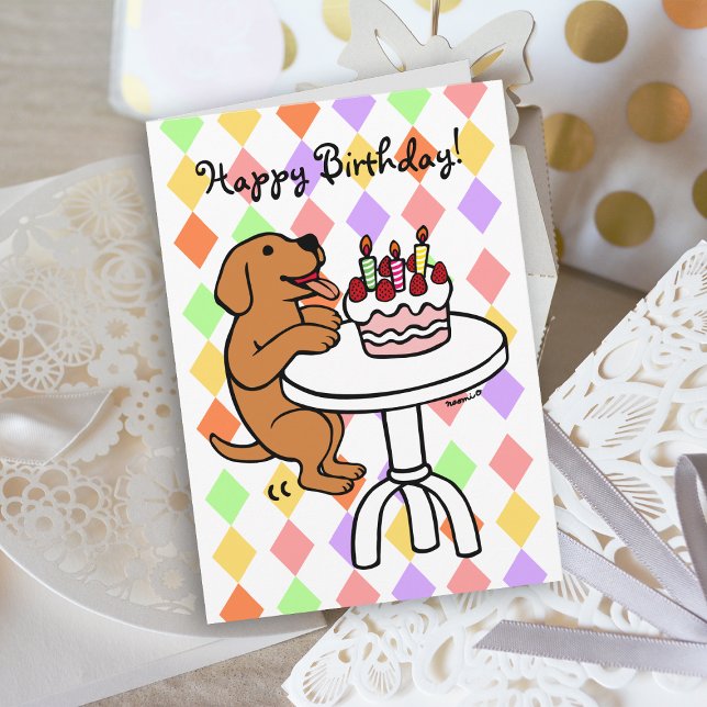 Cartão Cartoon Birthday Cake Fox Red Labrador (Birthday Cake Fox Red Labrador Cartoon Birthday Card with colorful background for dog lovers.)