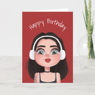 Cartão Cartoon Birthday Girl com Fones de ouvido