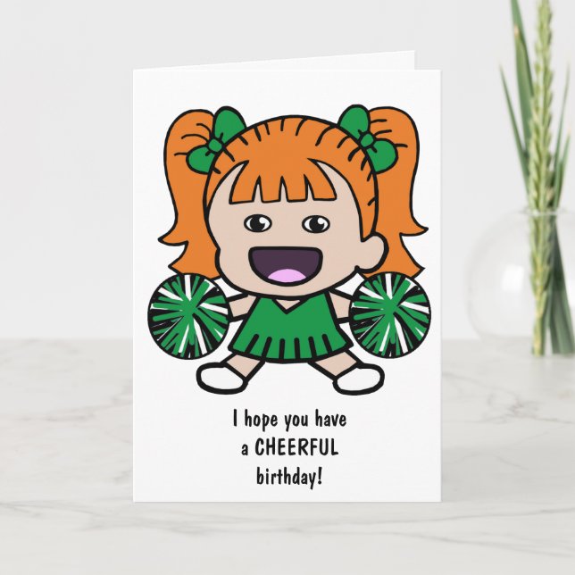 Cartão Cartoon Cheerleader Aniversário para Meninas (Frente)
