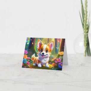 Cartão Cartoon Corgi Puppy com Flores Vazio Saudação