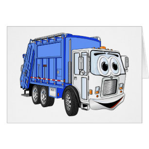 Cartão Cartoon de Caminhão de Lixo Branco Azul
