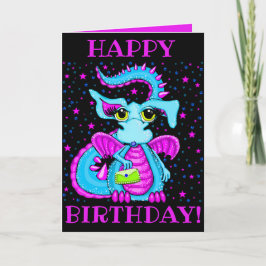 Cartão Cartoon de Dragão Azul Fofo Aniversário Personaliz