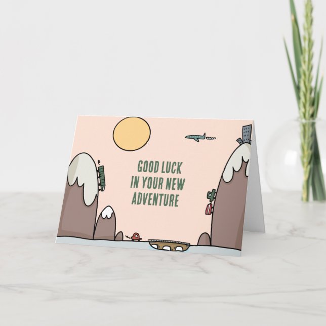 Cartão Cartoon de viagem para novas aventuras com boa sor (Frente)
