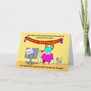 Cartão Cartoon Engraçado Mulher Encara Máscara Chocolate