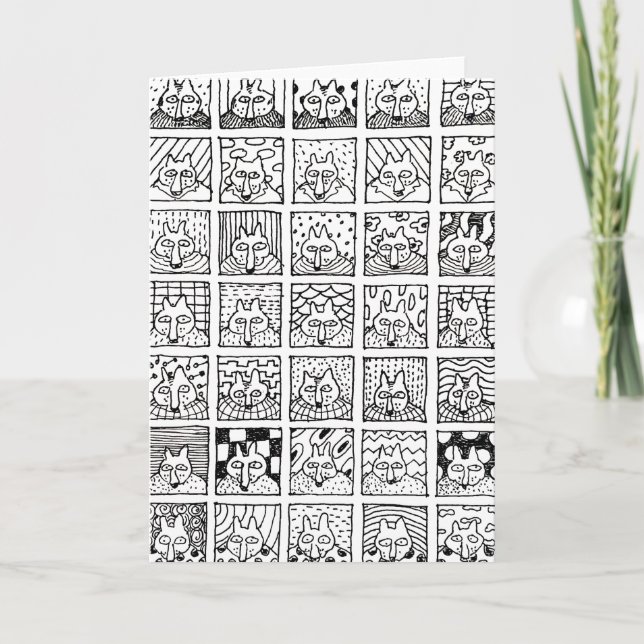 Cartão Cartoon Foxes Faces Squares Drawing Card (Frente)