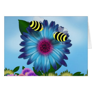Cartão Cartoon Honey Bees Meeting on Blue Flower