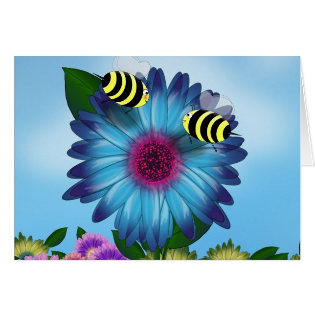 Cartão Cartoon Honey Bees Meeting on Blue Flower (Frente Horizontal)