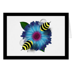 Cartão Cartoon Honey Bees Meeting on Blue Flower