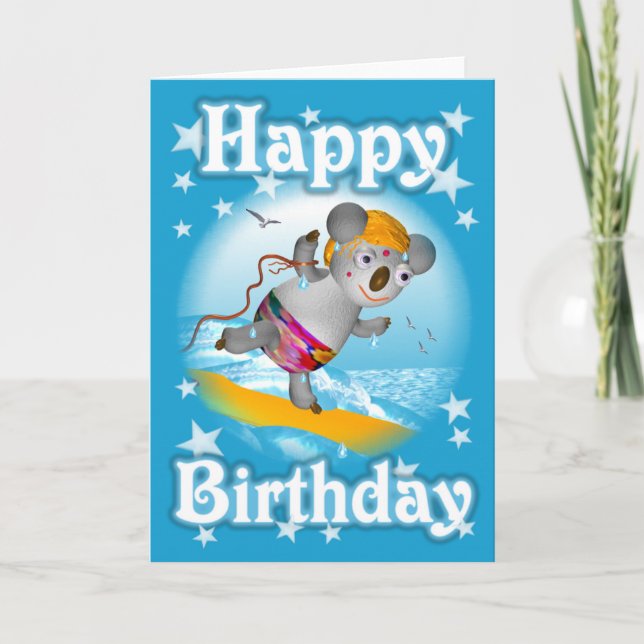 Cartão Cartoon Koala Feliz Aniversário Surfer vazio (Frente)