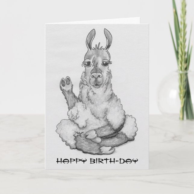 Cartão Cartoon llama doing yoga, caption: Happy Birth-day (Frente)