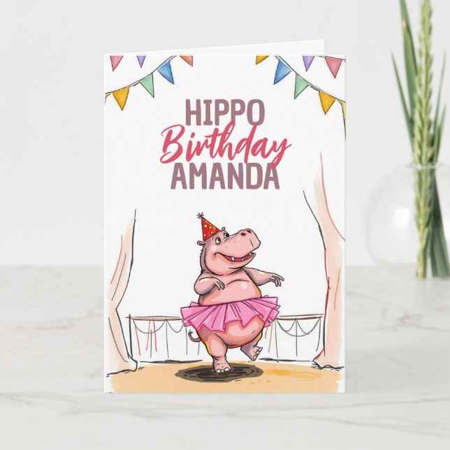 Cartão Cartoon Pink Dancing Hippo Birthday (Frente)