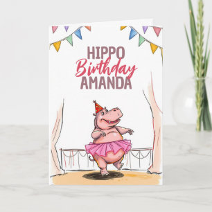 Cartão Cartoon Pink Dancing Hippo Birthday