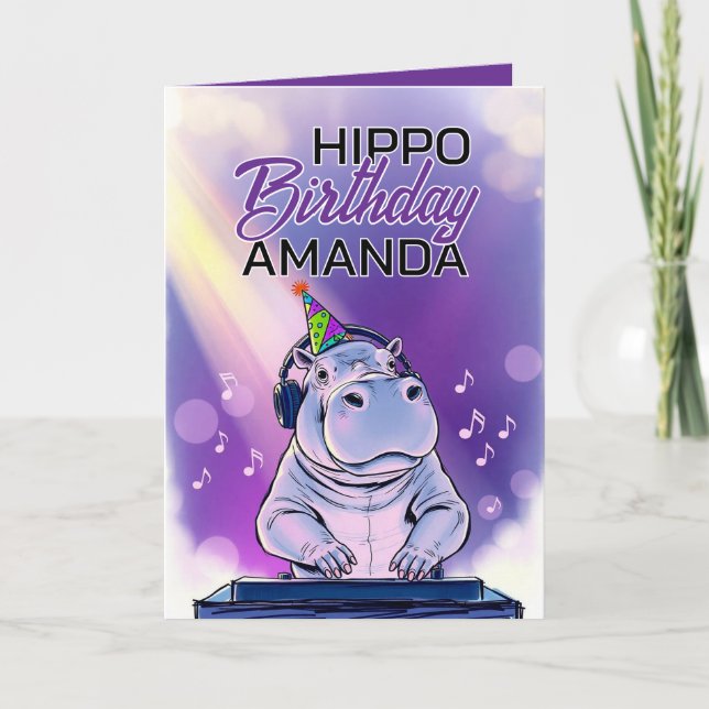 Cartão Cartoon Purple Dj Hippo Birthday (Frente)