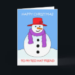 Cartão Cartoon Red Hat Christmas Snowman<br><div class="desc">Um boneco de desenho animado vestindo um chapéu vermelho e um cachecol roxo,  acompanhado das palavras "Feliz Natal para o meu amigo de chapéu vermelho".</div>