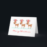 Cartão Cartoon Reindeer Deer Christmas Santa Hat<br><div class="desc">A design de cervo Feliz de Natal apresenta 3 renas de desenho animado bonitinhas, engraçadas com chifres, e eles estão vestindo um chapéu vermelho festivo de Papai Noel. Uma design de balas. Feliz Natal pode ser mudado para Feliz Feriados, ou qualquer texto. Uma imagem de veado de solteiro é dentro,...</div>