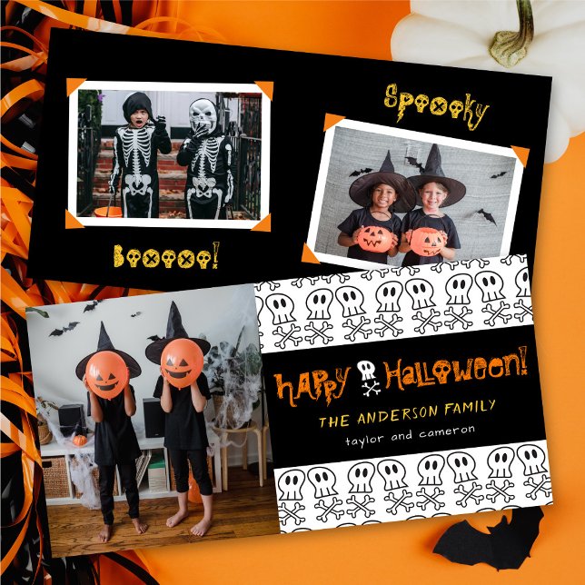 Cartão Cartoon Skulls & Bones Kid's Happy Halloween Photo (Criador carregado)