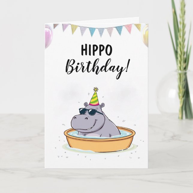 Cartão Cartoon White Kiddie Piscina Hippo Birthday (Frente)
