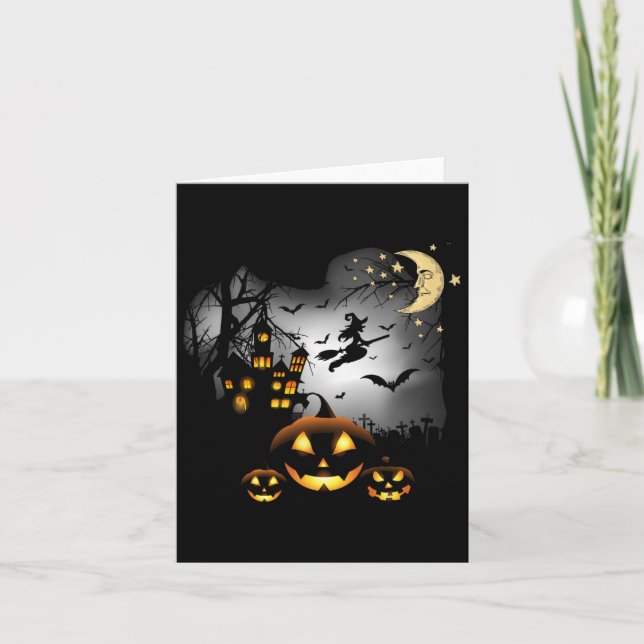 Cartão Casa Assombrada - Bruxa Voadora - Jack O Lantern  (Frente)